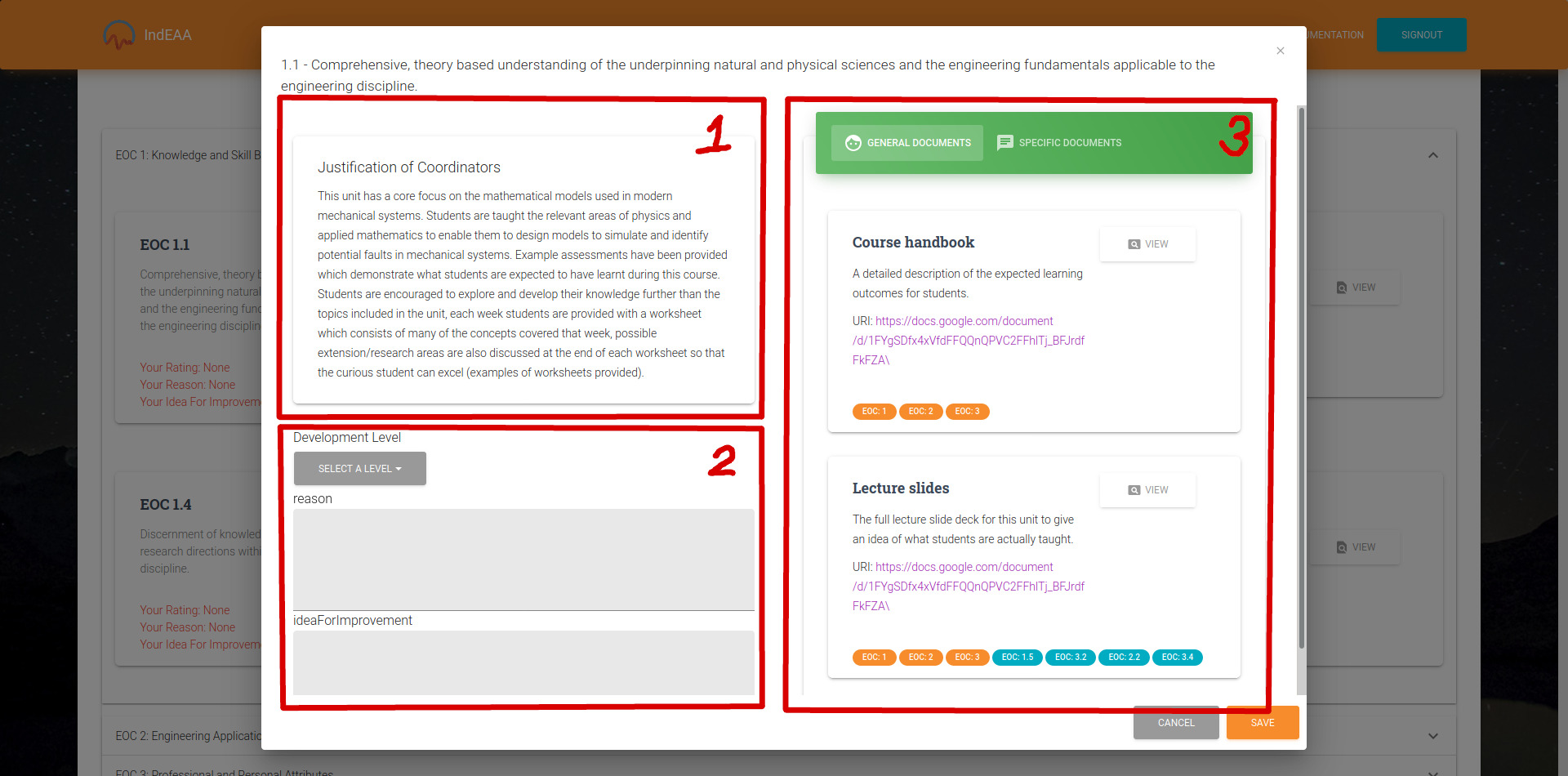 Review popup showing the Justification of Coordinators, Documents section and Reviewer rating area